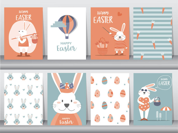 イースターグリーティングカード、テンプレート、ウサギ、ウサギ、かわいい、卵、ベクトルイラストのセット. - ベクター画像