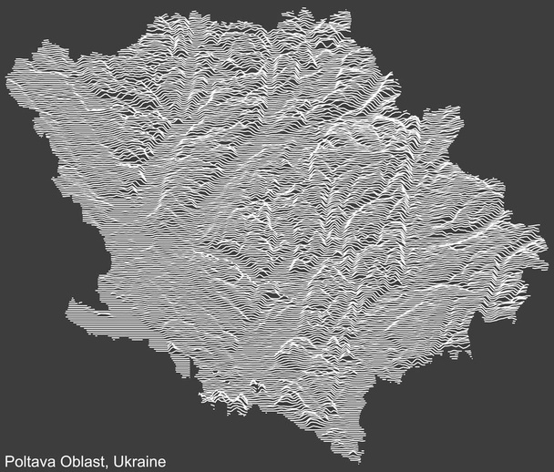 Topographic negative relief map of the Ukrainian administrative area  of POLTAVA OBLAST, UKRAINE with white contour lines on dark gray background - Vector, Image