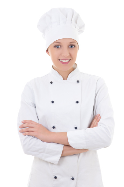 Молода жінка шеф-кухар ізольована на білому
 - Фото, зображення