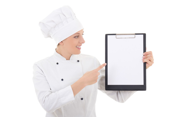 giovane donna in chef uniforme che mostra appunti con spazio in bianco di carta ho - Foto, immagini