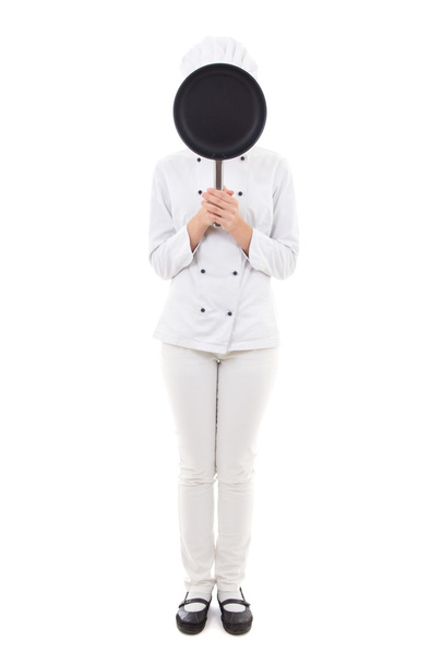 full length portrait of young woman in chef uniform with frying  - Photo, Image