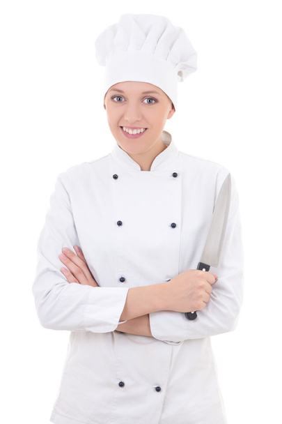 young happy woman in chef uniform holding knife isolated on whit - Fotó, kép