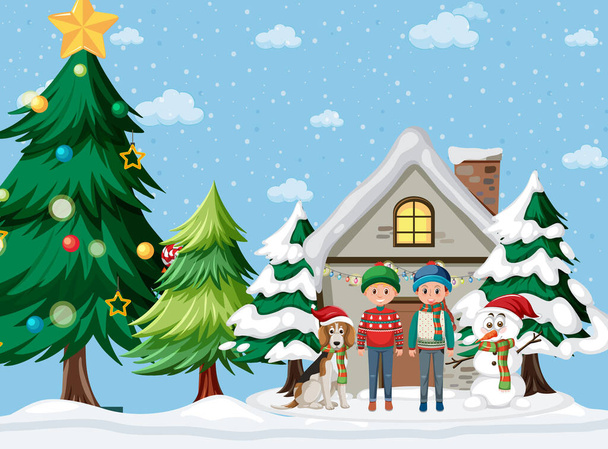 Święta Bożego Narodzenia z dziećmi w domu ilustracja - Wektor, obraz