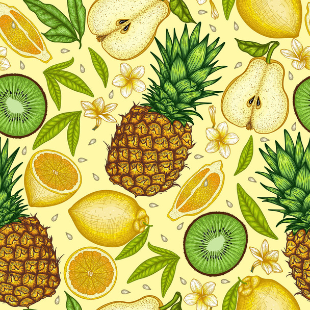  Frutti, foglie e fiori vettoriali senza soluzione di continuità in stile incisione. Ananas lineare grafico, pera, limone, kiwi, plumeria - Vettoriali, immagini