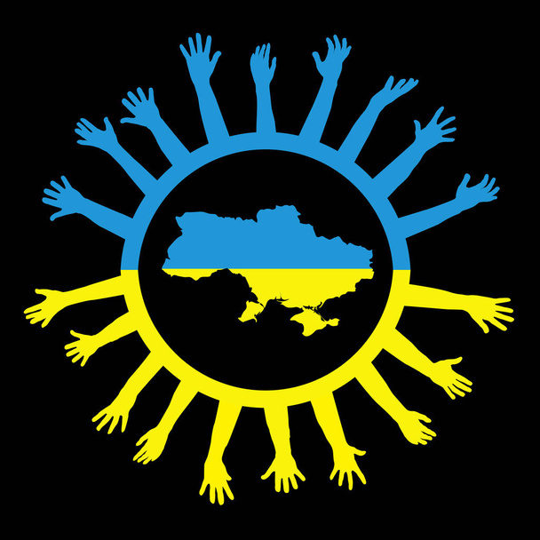 Help Ukraine concept with map of Ukraine and various hands raised asking for help - ベクター画像