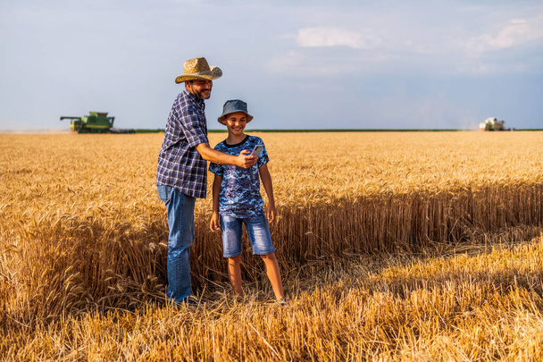 Farmers are standing in their wheat field while the harvesting is taking place. Father is teaching his son about agriculture. - Foto, imagen