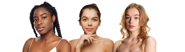 Set of portraits of young beautiful women with nude makeup and perfect smooth skin posing isolated over white background - Foto, imagen