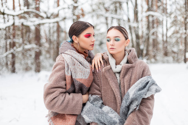 Dos modelos de chicas jóvenes glamorosas en ropa de moda con un abrigo de piel, suéter y bufanda vintage en la naturaleza con nieve - Foto, imagen