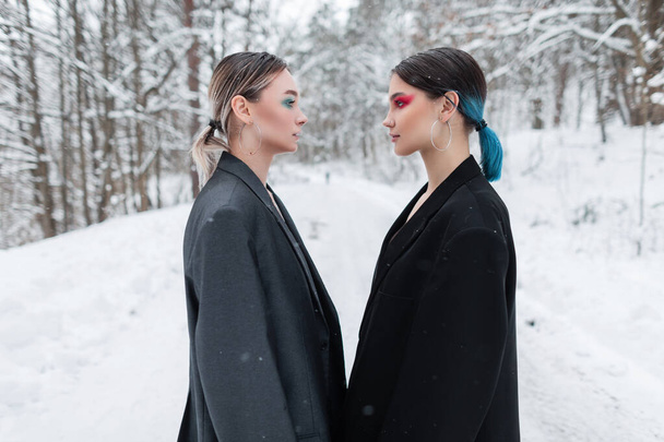 İki şık ve güzel genç kadın model, kış mevsiminde kar eşliğinde şık ve şık ceketler giyiyorlar. - Fotoğraf, Görsel