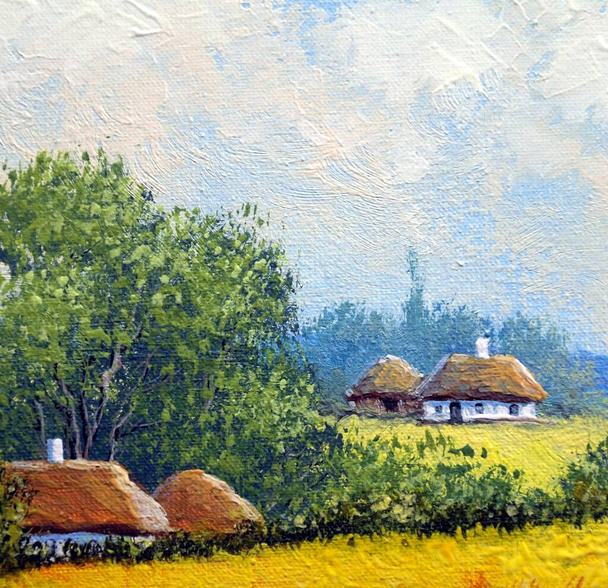 beautiful landscape of old Ukrainian village with pastoral fields and huts  - Photo, image