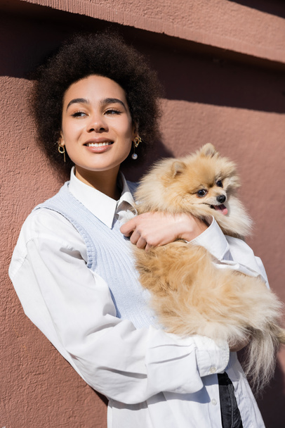 curly african american woman in blue vest smiling and holding in arms pomeranian spitz  - Foto, Bild