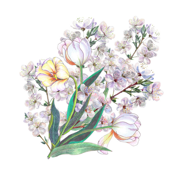 Watercolor spring bouquet flowers. illustration to create your ideas. - Фото, изображение