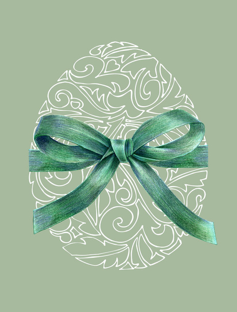 Graphic lace egg with bow on green background. Illustration for decorating your ideas. - Valokuva, kuva