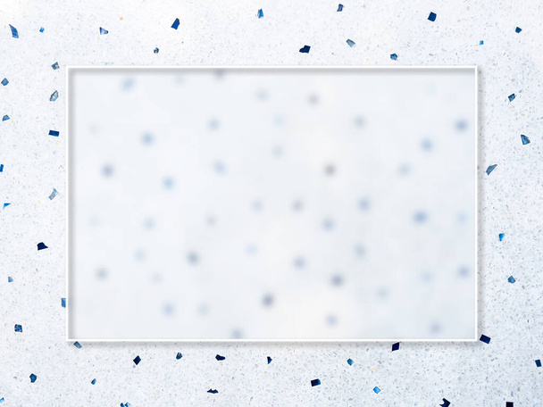 Uma moldura de borda quadrada de vidro transparente no chão branco com muitas peças azuis de pedras textura superfície de fundo, vista superior. - Foto, Imagem