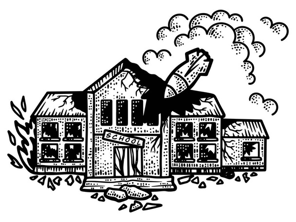 Bomba golpeó la escuela Ucrania. Dibujo de línea de arte. Dibujado a mano. - Foto, Imagen