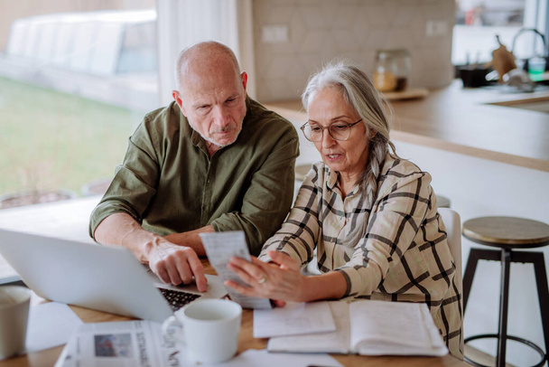 Stressed senior couple calculate expenses or planning budget together at home. - Fotoğraf, Görsel