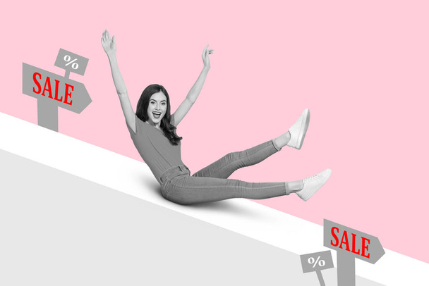 Artwork photo collage of young student lady slipping down price fall addicted shopping concept enjoy mega huge big sale bonus system magazine cover - 写真・画像