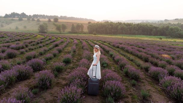 drone video of free and happy young woman run in pink and purple lavender fields at sunset - Fotó, kép