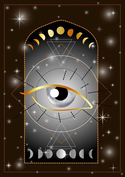 Todos vendo Providência ocular símbolo maçônico fases da lua dourada - Vetor, Imagem
