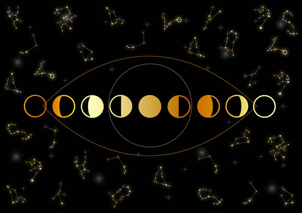 Astrologie Sterrenbeelden en Gouden Maan fasen - Vector, afbeelding