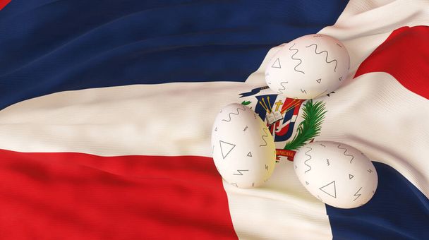 Pääsiäisjuliste ja juliste. Pääsiäinen Dominikaaninen tasavalta. Kananmuna Dominikaanisen tasavallan lipun alla. 3D-työ ja 3D kuva.   - Valokuva, kuva