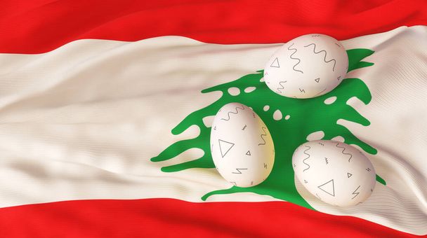 Pääsiäisjuliste ja juliste. Pääsiäislibanonilainen. Kananmuna lipulla Libanonin tausta. 3D-työ ja 3D kuva.  - Valokuva, kuva