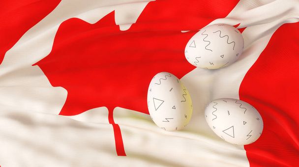 Pääsiäisjuliste ja juliste, Hyvää pääsiäistä Kanada. Kananmuna lippu Kanadan taustalla. 3D-työ ja 3D kuva.   - Valokuva, kuva