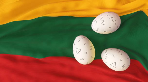 Paskalya afişi ve afişi, Mutlu Paskalya Litvanyası. Litvanya bayraklı yumurta. 3B çalışma ve 3B resim  - Fotoğraf, Görsel
