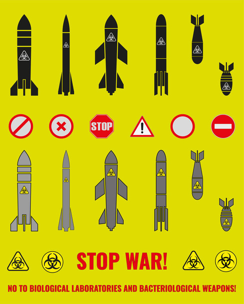 Conjunto de ícones de várias bombas, mísseis e sinais de símbolos anti-guerra. Construtor. A inscrição STOP WAR! NÃO ÀS LABORATÓRIAS BIOLÓGICAS E AVIÕES BACTERIOLÓGICAS! Ilustração. - Foto, Imagem