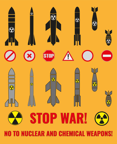 Um conjunto de ícones de várias bombas, foguetes e sinais de símbolos anti-guerra. Construtor. A inscrição STOP WAR! NÃO A PESSOAS NUCLEARES E QUÍMICAS! Ilustração. - Foto, Imagem