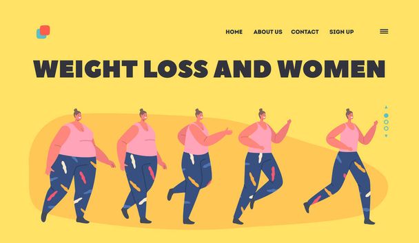 Kilo Veren İniş Sayfa Şablonu. Obez Kadın Dönüşüm Aşamaları Sağlıklı Vücut, Spor Eğitimine Dönüşür - Vektör, Görsel