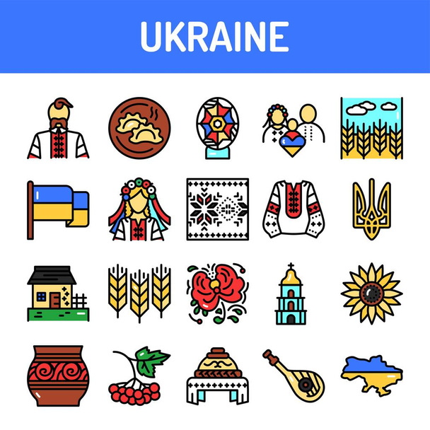 Ukrajina barevné čáry ikony nastaveny. Podpisy pro webovou stránku, mobilní aplikaci, tlačítko. Upravitelný tah. - Vektor, obrázek