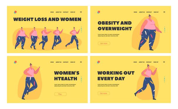 Weight Loss Landing Page Template Set. Transformation Stages of Obese Woman Turn into Healthy Body, Sport Training - ベクター画像