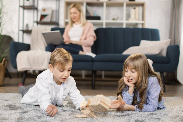 Young mother relax on sofa with laptop, two kids children playing with wooden blocks - Photo, Image
