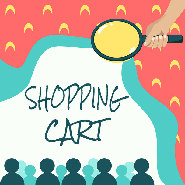 Text showing inspiration Shopping Cart. Business overview Case Trolley Carrying Groceries and Merchandise Hand Holding Magnifying Glass Examining Socio Economic Structure. - Photo, Image
