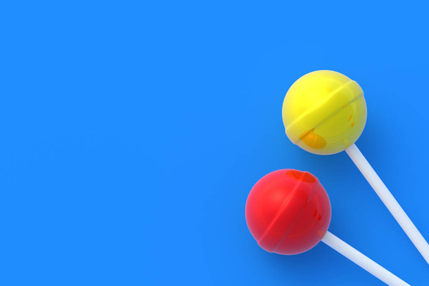 Lollipops on stick on blue background. Sweet candy. Confectionery goods. Top view. Copy space. 3d render - Fotografie, Obrázek