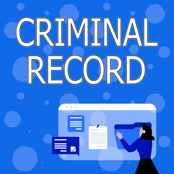 Inspiration showing sign Criminal Record. Business approach profile of a person criminal history with details Woman Arranging Browser History, Editing Organizing Online Files, - Photo, Image