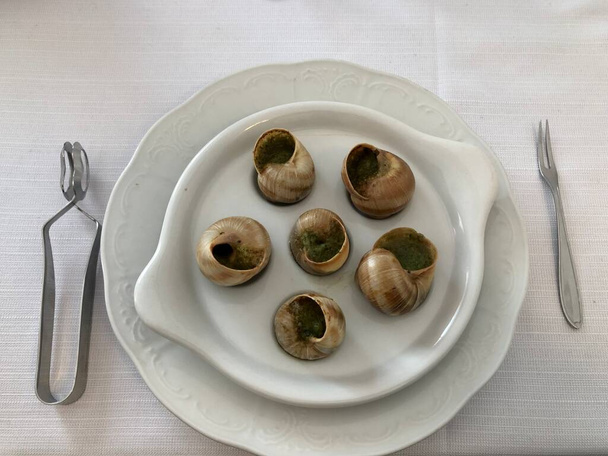 Escargot allá Bourguignonne caracoles cocidos plato italiano y francés  - Foto, Imagen