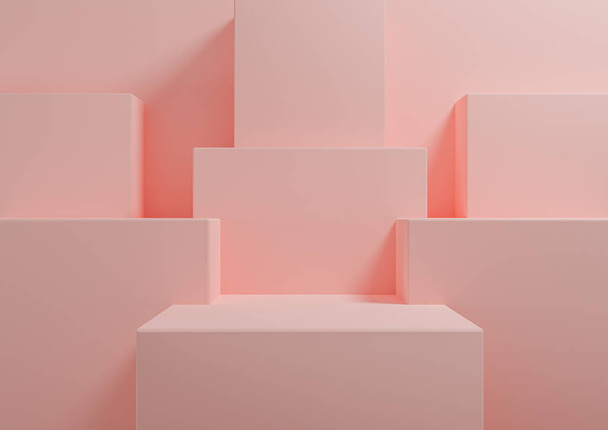 Pastell, hellrot, lachsrosa 3D-Wiedergabe einfach, minimaler Hintergrund für Produktdisplay-Podium, Ständer für Präsentation geometrischer Hintergrund-Attrappe für Kosmetikprodukte - Foto, Bild