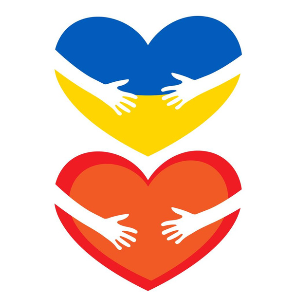 Rote und gelbe Herzen mit umarmten Händen - Vektor, Bild