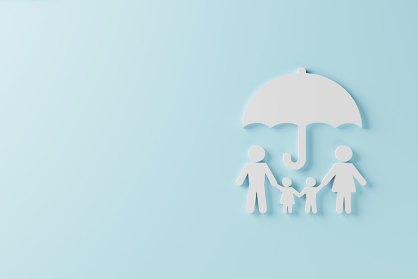 Concepto de familia de seguro médico. Vista superior de la familia de iconos y paraguas sobre fondo azul claro. renderizado 3d - Foto, imagen