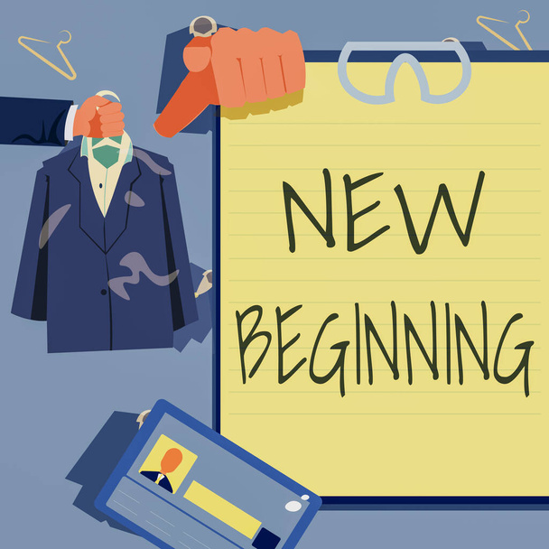 Writing displaying text New Beginning. Word Written on Different Career or endeavor Starting again Startup Renew Hands Holding Uniform Showing New Open Career Opportunities. - Photo, Image