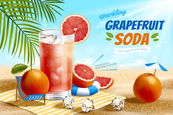 Grapefruit soda banner ad. 3D Illustration of a glass of cold grapefruit soda with ice cubes and cut grapefruit on the sand at a tropical beach - Вектор,изображение