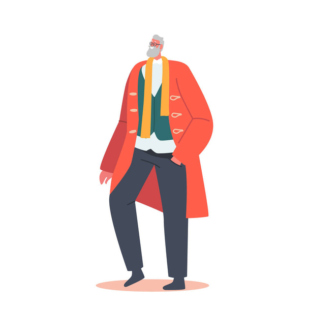 Trendi érett úriember szakállal és bajusszal divatos ruhákat visel. Stílusos férfi karakter divatos kabát - Vektor, kép