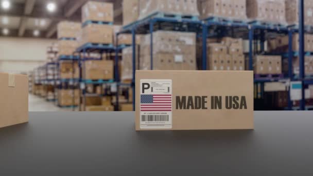 Κουτιά με Made in USA κείμενο στον κύλινδρο μεταφορέα. Αμερικανικά αγαθά που σχετίζονται με loopable 3D κινούμενα σχέδια - Πλάνα, βίντεο