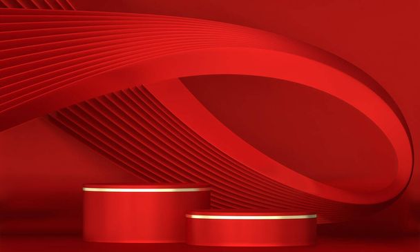 Red stage podium decoration suitable for products.3D rendering - Foto, afbeelding