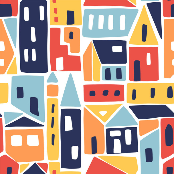 Modern seamless pattern with abstract houses. Childish vector background. Can be used for fabric, textile, wallpaper. - Διάνυσμα, εικόνα