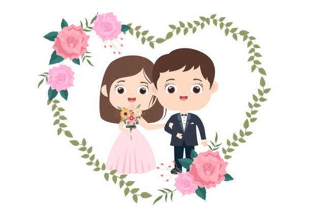 Casal feliz comemorando casamento ou cerimônia casada com belas decorações de flores ao ar livre quarto em fundo plano Desenhos animados estilo ilustração - Vetor, Imagem