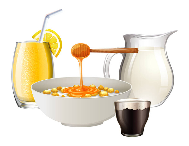 Σετ πρωινού με δημητριακά και χυμό φρούτων και εικονογράφηση γάλακτος - Διάνυσμα, εικόνα