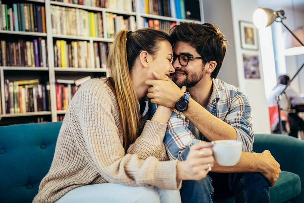 Happy couple in love talking on a date in a cafe. - Fotografie, Obrázek